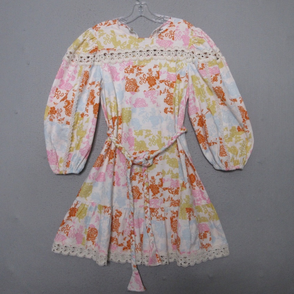 RAHI Dress Small Floral‎ Lace Puff Sleeve Belted Mini Coquette Romantic Long Slv